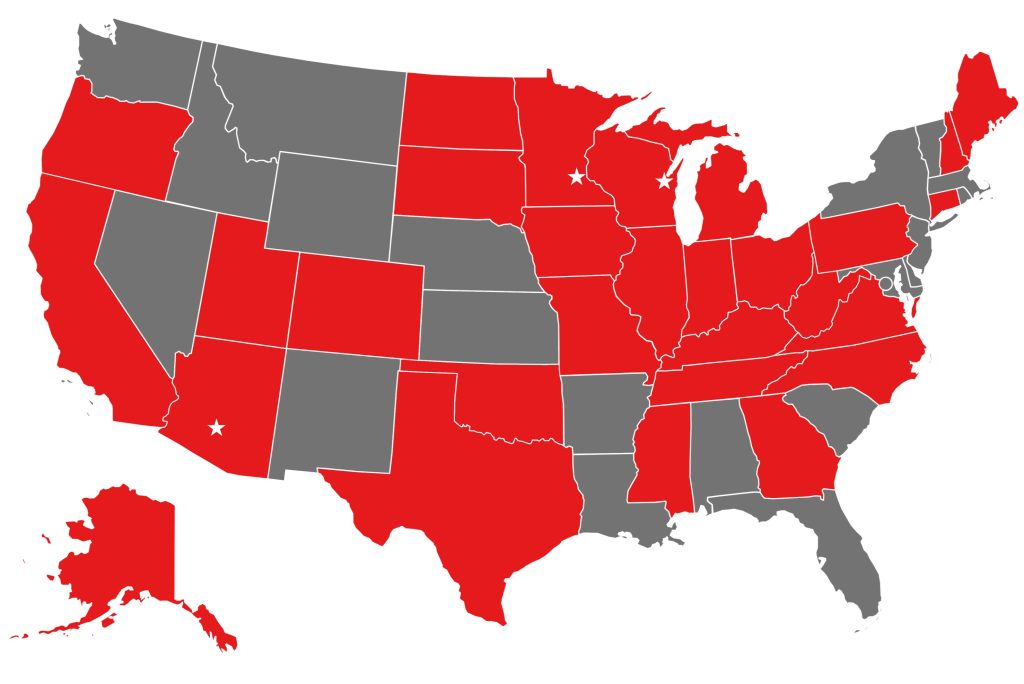 Map of Merjent offices in three states and staff offices in 28 states across the U.S.