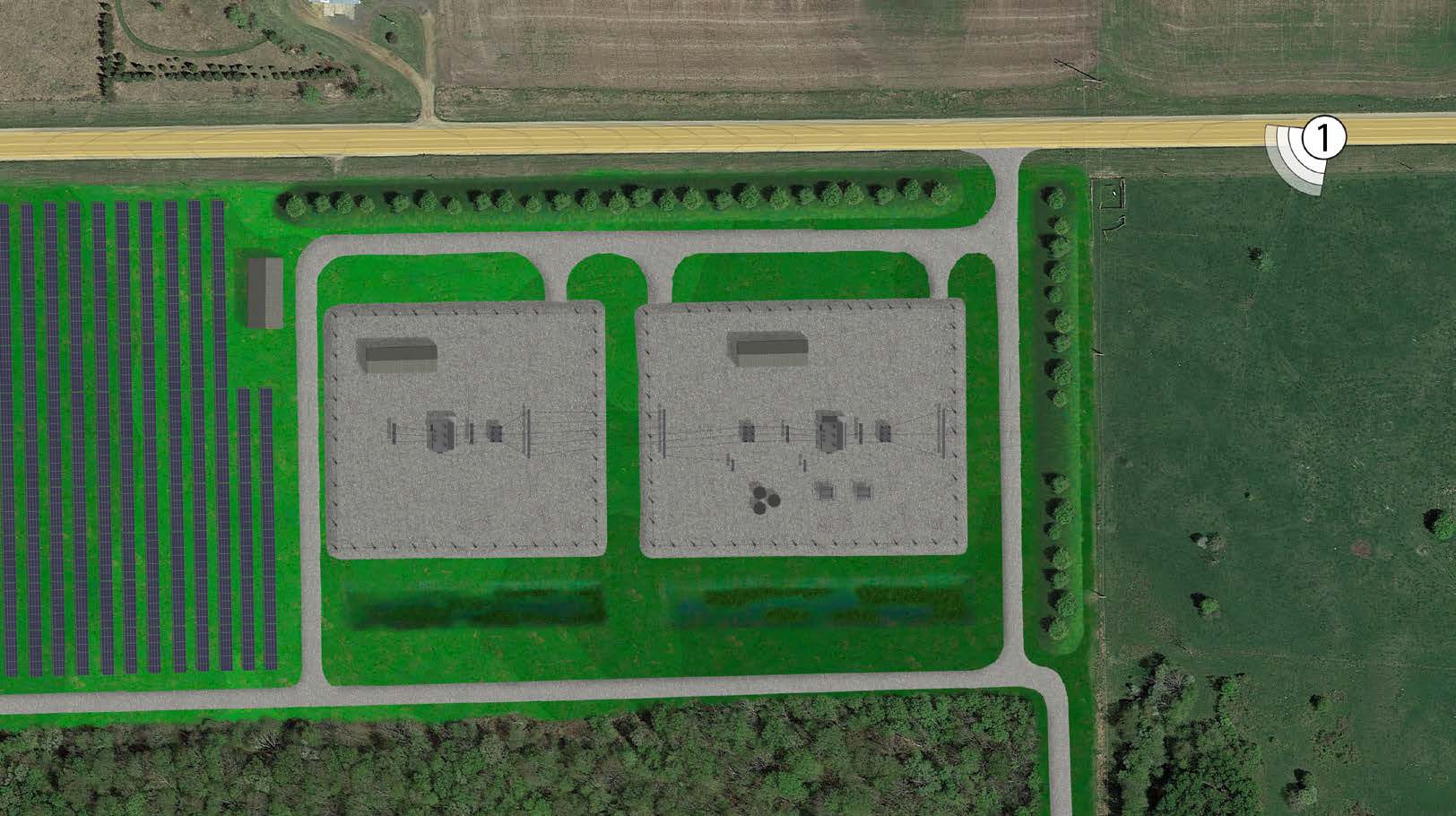 In this rendering Merjent used satellite imaging, terrain data, and landscaping plans, to create a depiction of structures, grading and vegetation screening in an overhead view of a proposed project.