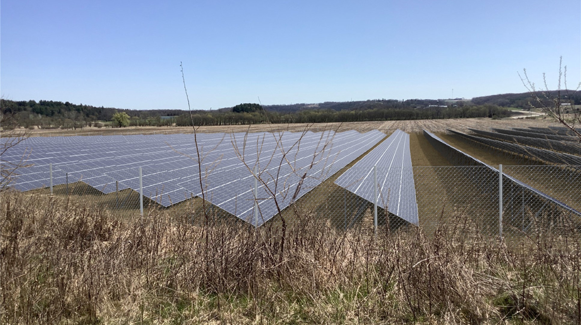 Rendering using existing farm field image to help stakeholders and community members understand the impact and final appearance of the solar farm site. Image created by Ryan Mehr-Biggs Merjent visualization graphic designer.