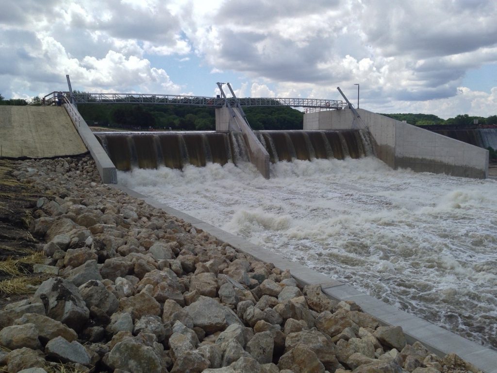 Cannon Falls Minnesota hydropower dam crest gate project water conveyance structure provides flood control to accommodate extreme water events and to meet FERC regulatory requirements. Taken by Josh Petersen President Engineering Division, Water Resources Engineer, Professional Engineer.