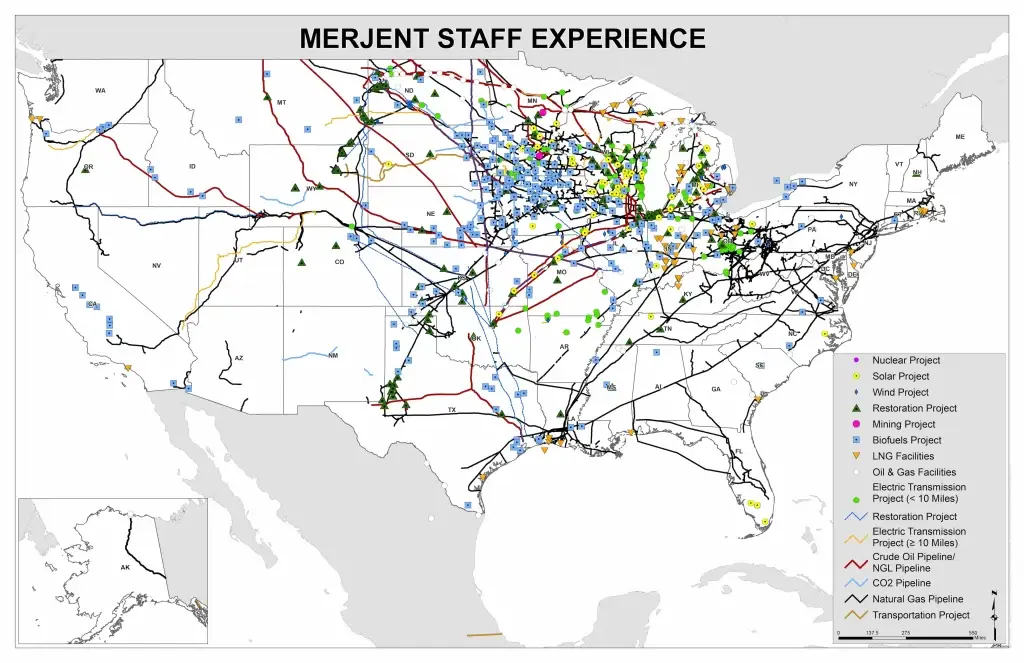 Merjent United States staff experience map that shows nuclear, solar, wind, restoration, mining, biofuels, LNG facility, Oil and Gas facility, electric transmission, crude oil pipeline, natural gas liquid pipeline, CO2 pipeline, natural gas pipeline, and transportation, project experience across the nation.